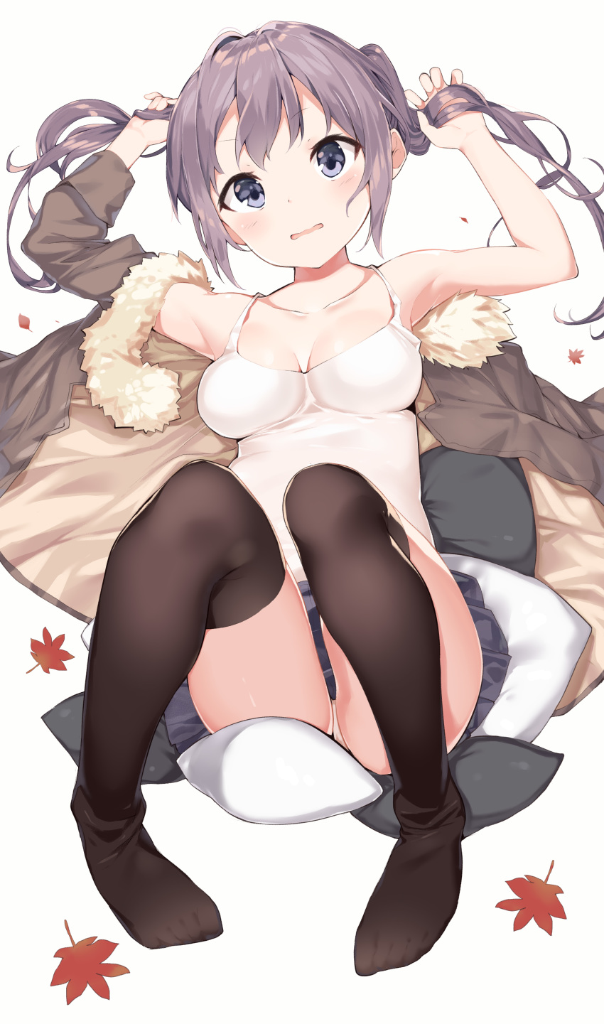 absurdres arms_up autumn_leaves bangs blue_eyes blue_skirt blush breasts breasts_apart brown_hair brown_jacket brown_legwear camisole collarbone commentary_request eyebrows_visible_through_hair full_body fur-trimmed_jacket fur_trim head_tilt highres holding holding_hair jacket kura_ekaki long_hair looking_at_viewer lying medium_breasts no_shoes on_back open_clothes open_jacket original panties parted_lips pigeon-toed pleated_skirt sidelocks skirt solo thighhighs twintails underwear v-shaped_eyebrows white_background white_camisole white_panties