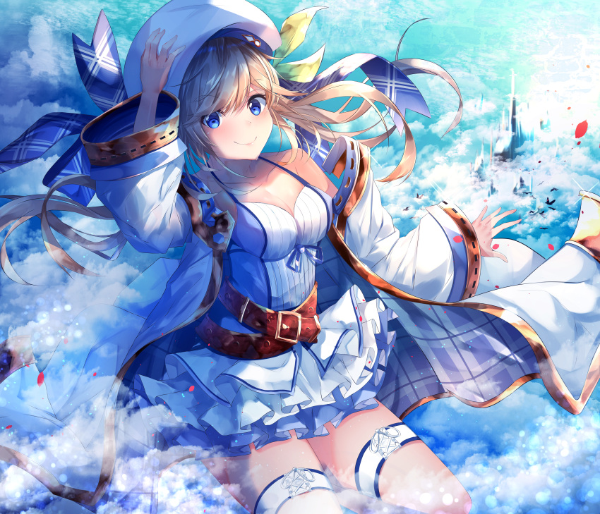 absurdres adjusting_clothes adjusting_hat argyle arm_up bangs bare_shoulders belt beret blonde_hair blue_eyes blue_ribbon bow breasts building camisole cleavage closed_mouth cloud cloudy_sky coat collarbone commentary_request cucouroux_(granblue_fantasy) day floating_hair frilled_skirt frills granblue_fantasy green_bow hair_bow hair_ribbon hat highres layered_skirt leg_up long_hair long_sleeves looking_at_viewer medium_breasts miniskirt off_shoulder open_clothes open_coat outdoors ribbon shirt skirt sky smile solo suisen-21 thigh_strap twintails v-shaped_eyebrows white_coat white_hat white_shirt white_skirt wide_sleeves