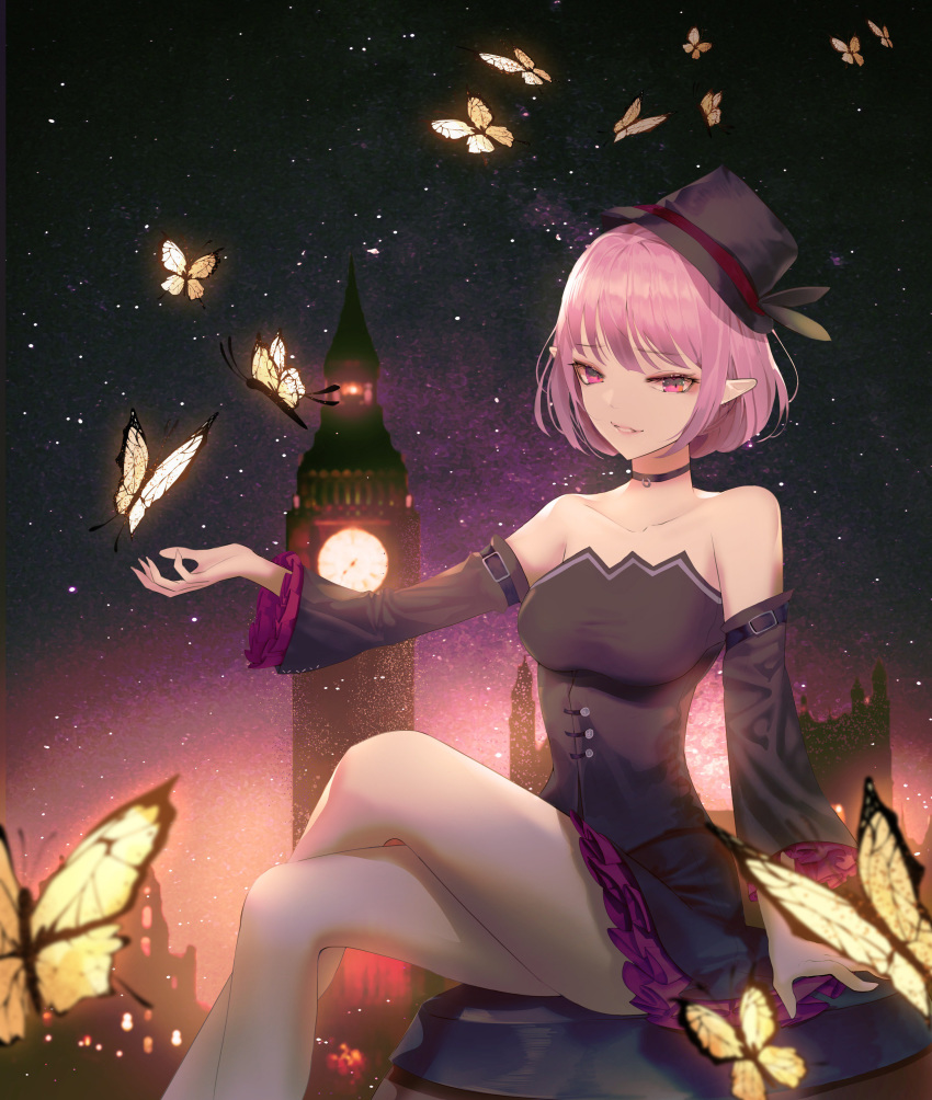 bug butterfly commentary_request elf highres insect lucid maplestory night night_sky pink_hair pointy_ears sky thighs
