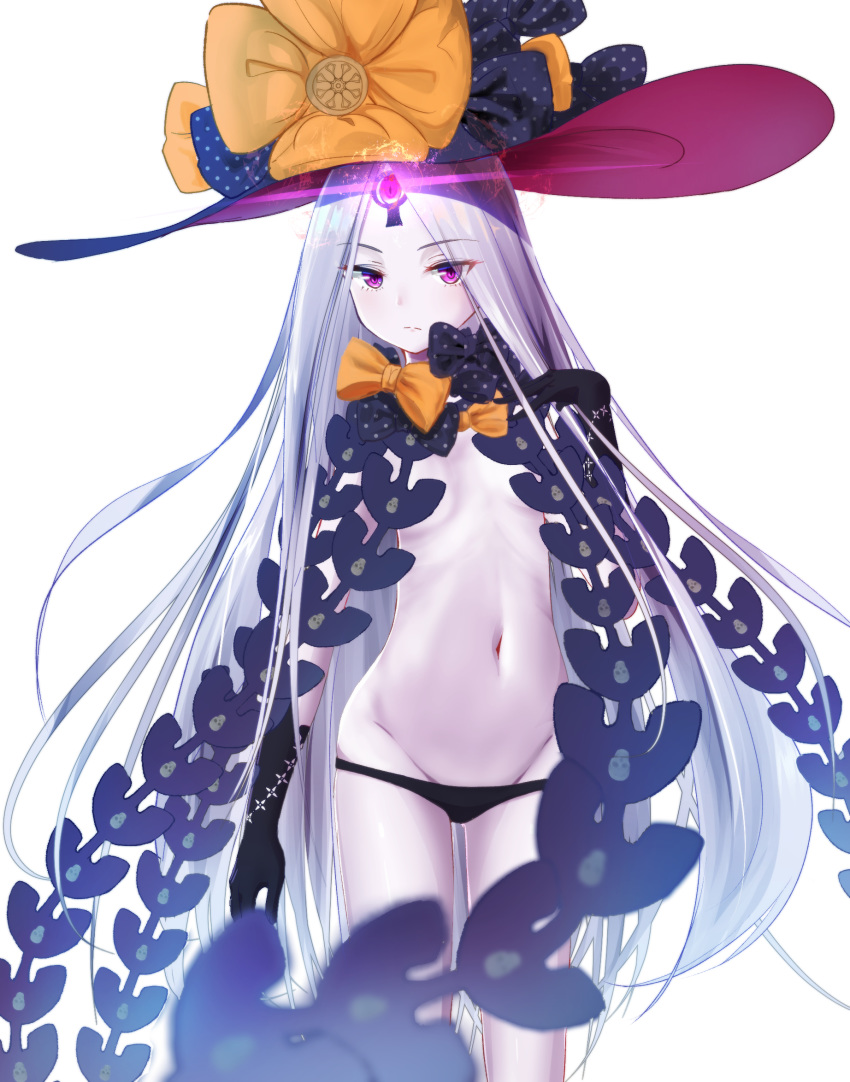 abigail_williams_(fate/grand_order) bangs black_bow black_gloves black_hat black_panties blurry blurry_foreground blush bow breasts commentary_request depth_of_field elbow_gloves fate/grand_order fate_(series) gloves glowing groin hand_up hat hat_bow highres long_hair looking_at_viewer lowleg lowleg_panties navel orange_bow pale_skin panties parted_bangs polka_dot polka_dot_bow purple_eyes revealing_clothes sakazakinchan simple_background skull_print small_breasts solo topless underwear very_long_hair white_background white_hair witch_hat