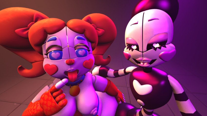 3d_(artwork) animatronic baby_(fnafsl) breasts digital_media_(artwork) duo female five_nights_at_freddy's five_nights_at_freddy's_2 hair humanoid looking_at_viewer machine marionette_(fnaf) nipples not_furry robot sister_location source_filmmaker tongue tongue_out video_games