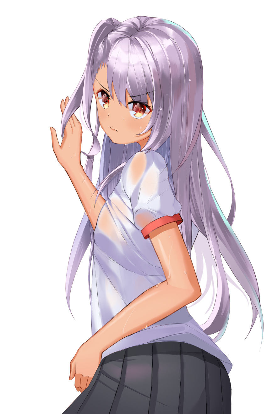 absurdres black_skirt brown_eyes chloe_von_einzbern commentary dark_skin eyebrows_visible_through_hair eyes_visible_through_hair fate/kaleid_liner_prisma_illya fate_(series) flat_chest hfmt7223 highres homurahara_academy_uniform korean_commentary long_hair looking_at_viewer one_side_up pleated_skirt school_uniform shiny shiny_hair shiny_skin shirt short_sleeves silver_hair simple_background skirt solo v-shaped_eyebrows very_long_hair wet wet_clothes wet_hair wet_shirt white_background white_shirt