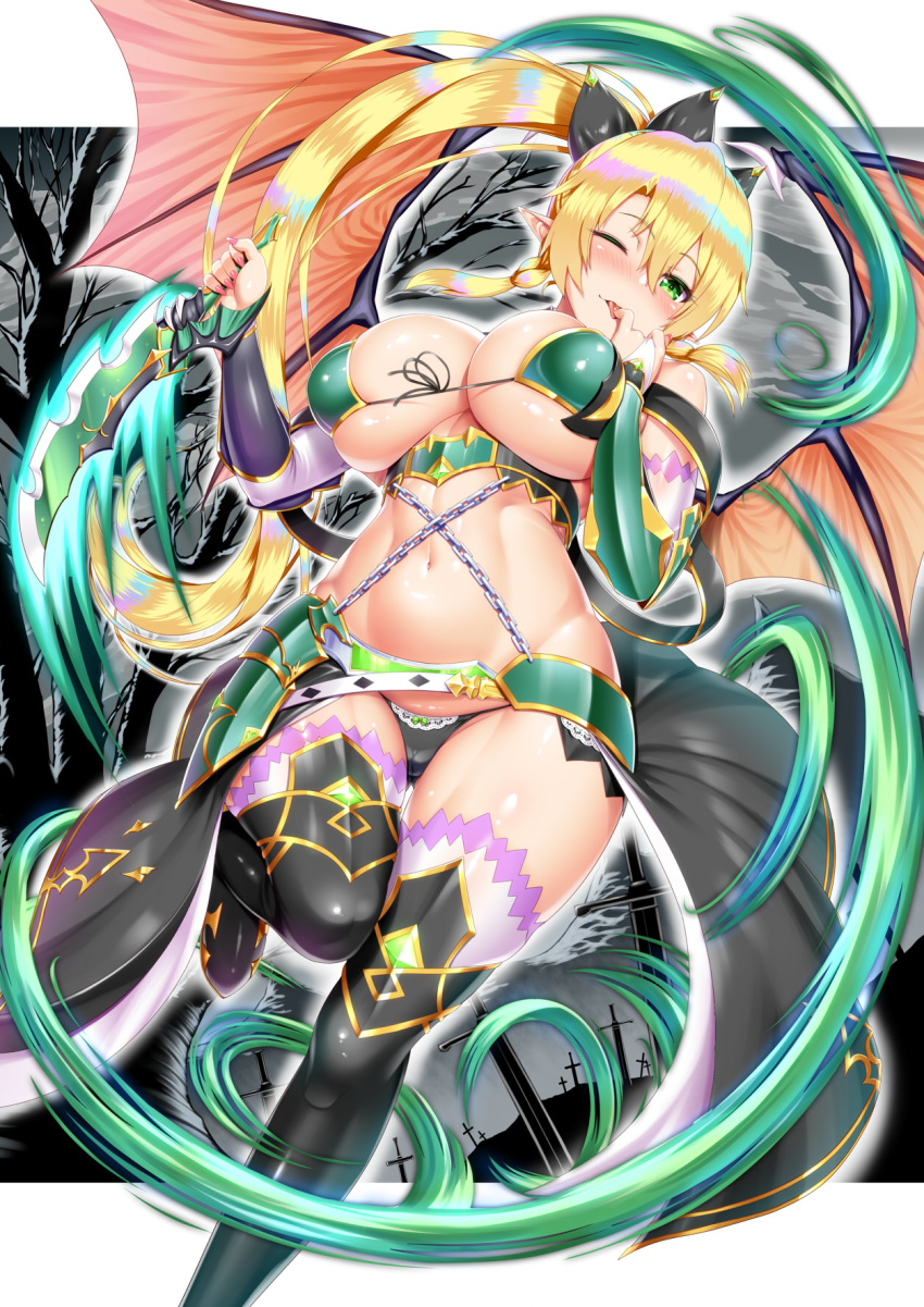 armor bikini_armor black_legwear black_panties blonde_hair blush braid breasts chain commentary_request demon_wings detached_sleeves feet_out_of_frame finger_in_mouth front-tie_bikini front-tie_top gradient_hair green_bikini_top green_eyes hair_between_eyes highres holding holding_weapon kawase_seiki leafa long_hair multicolored_hair nail_polish naughty_face navel one_eye_closed panties pink_nails pointy_ears revealing_clothes solo sword sword_art_online thighhighs tongue tongue_out twin_braids underboob underwear very_long_hair weapon wings
