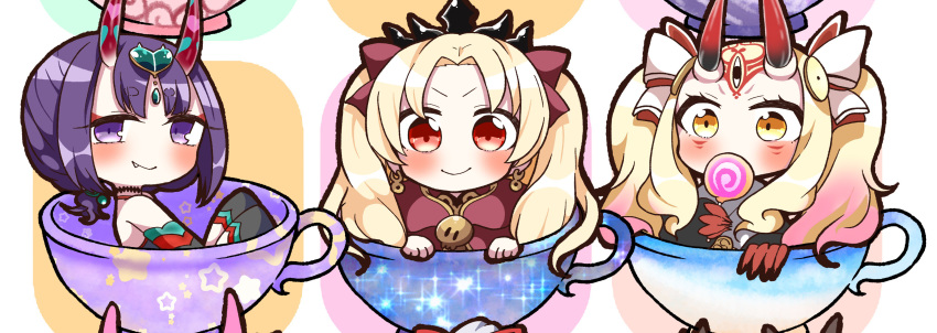 absurdres bangs black_legwear blonde_hair blush bow brown_eyes candy cape closed_mouth commentary_request covered_mouth cup earrings ereshkigal_(fate/grand_order) facial_mark fate/grand_order fate_(series) food forehead_mark hair_bow headpiece heart highres holding holding_food horns ibaraki_douji_(fate/grand_order) ibaraki_douji_(swimsuit_lancer)_(fate) in_container in_cup infinity jako_(jakoo21) jewelry lollipop long_hair looking_at_viewer multiple_girls oni oni_horns parted_bangs purple_eyes purple_hair red_bow red_cape red_eyes short_eyebrows shuten_douji_(fate/grand_order) shuten_douji_(halloween)_(fate) skull smile sparkle star swirl_lollipop teacup thick_eyebrows thighhighs tiara twintails two_side_up v-shaped_eyebrows white_bow