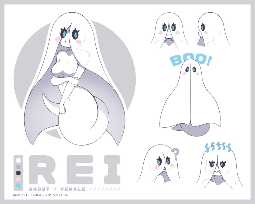 absurd_res artsy-rc black_sclera blue_eyes blush_sticker breasts dialogue english_text female ghost grey_border hair hi_res humanoid legless model_sheet not_furry pseudo_clothing rei_(rc) smile solo spirit text white_hair white_skin