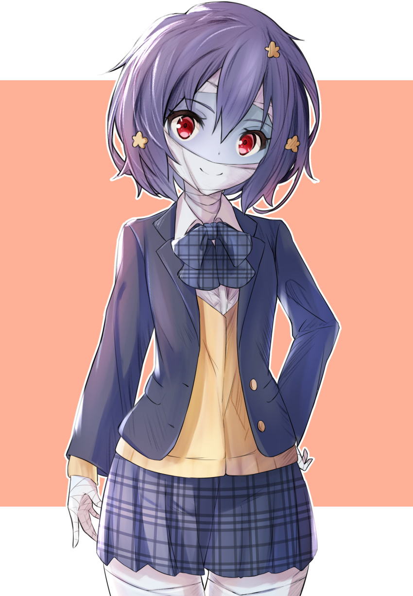 absurdres alisia0812 bandages black_hair bow hair_between_eyes hair_ornament hand_on_hip highres jacket long_sleeves looking_at_viewer mizuno_ai plaid plaid_skirt pleated_skirt red_eyes short_hair skirt smile solo zombie zombie_land_saga
