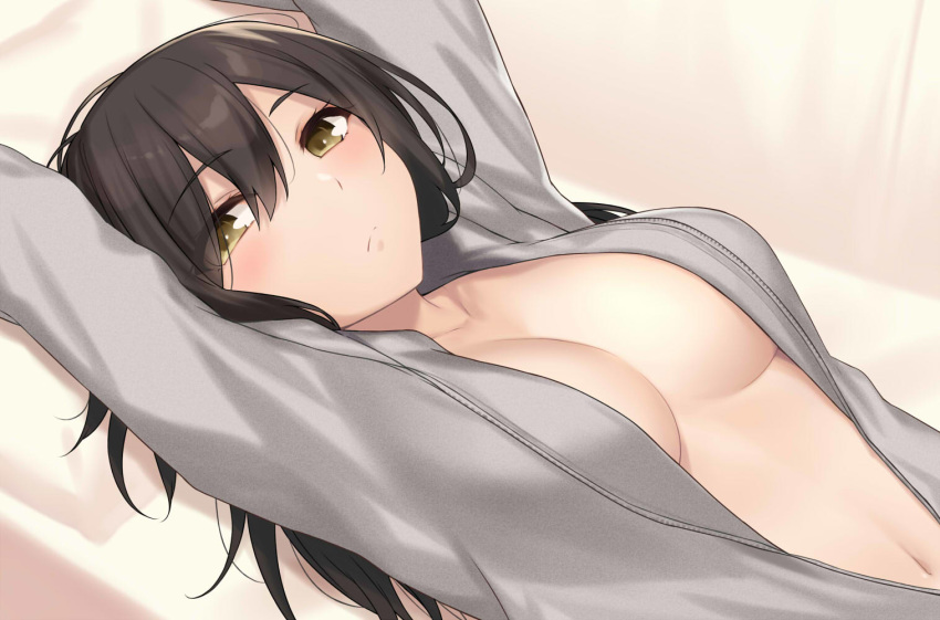 arms_up bangs blush breasts brown_eyes brown_hair cccpo closed_mouth collarbone commentary_request dutch_angle eyebrows_visible_through_hair grey_jacket hair_between_eyes hood hood_down hooded_jacket jacket long_hair lying medium_breasts naked_coat navel on_back open_clothes open_jacket original pillow solo upper_body