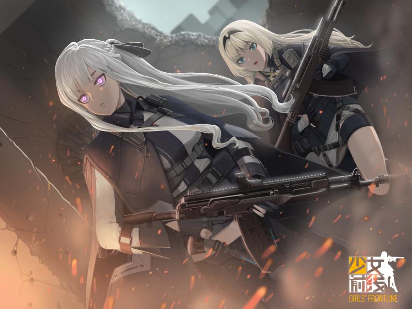 ak-12 ak-12_(girls_frontline) ammunition_belt ammunition_pouch an-94 an-94_(girls_frontline) assault_rifle bangs belt blonde_hair blue_eyes braid buckle cape closed_mouth eyebrows_visible_through_hair fingerless_gloves french_braid girls_frontline gloves glowing glowing_eyes gun hairband highres holding holding_weapon hyuding jacket long_hair long_sleeves looking_at_another multiple_girls pouch purple_eyes ribbon rifle sidelocks silver_hair standing walking weapon