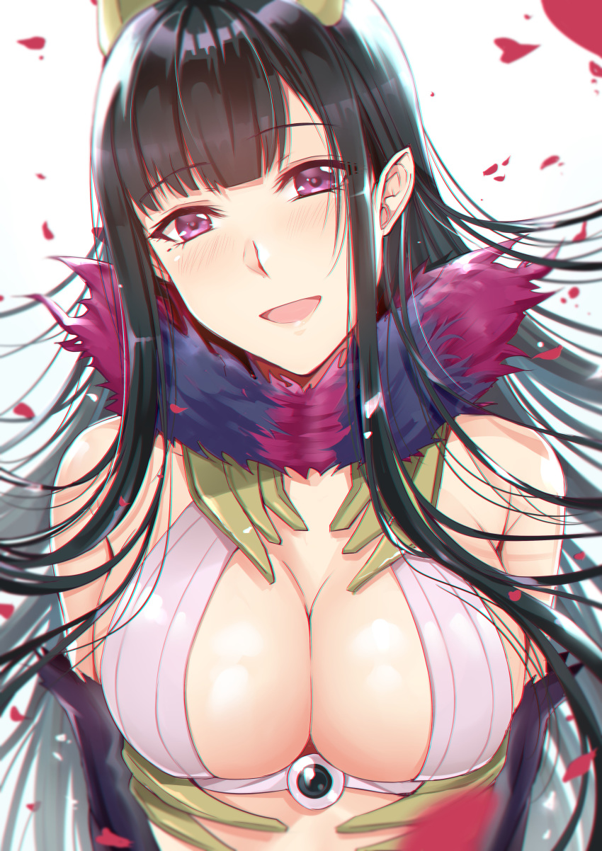 :d absurdres ane_naru_mono bare_shoulders black_hair blush breasts chiyo_(ane_naru_mono) cleavage gu_li highres horns large_breasts long_hair looking_at_viewer open_mouth purple_eyes smile upper_body white_background