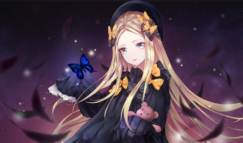 abigail_williams_(fate/grand_order) black_bow black_dress black_feathers black_hat blonde_hair blue_eyes bow bug butterfly dress fate/grand_order fate_(series) floating_hair hair_bow hat highres holding holding_stuffed_animal insect jeyrin52 long_hair parted_lips polka_dot polka_dot_bow sleeves_past_wrists solo stuffed_animal stuffed_toy teddy_bear very_long_hair yellow_bow