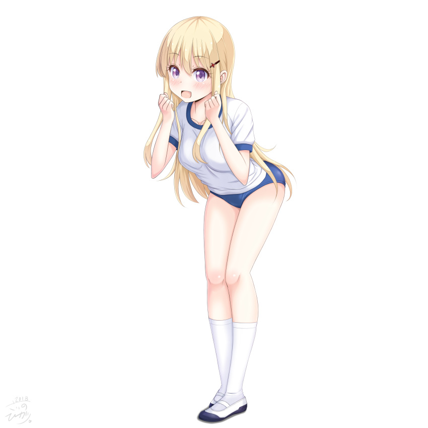 :d absurdres blonde_hair blush buruma clenched_hand dated gym_uniform hair_ornament hairclip hands_up highres kneehighs leaning_forward long_hair open_mouth original purple_eyes sainohikari shoes simple_background smile solo standing uwabaki white_background white_legwear