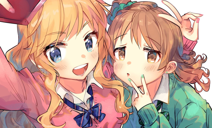 :d alternate_hairstyle arm_up bangs blonde_hair blue_eyes blush bow bowtie brown_eyes cardigan cellphone collared_shirt commentary earrings eyebrows_visible_through_hair green_cardigan green_nails gyaru hair_ornament hair_scrunchie highres idolmaster idolmaster_cinderella_girls idolmaster_cinderella_girls_starlight_stage jewelry lips long_hair looking_at_viewer morikubo_nono multiple_girls nail_polish ootsuki_yui open_mouth phone pink_cardigan pink_nails reaching_out school_uniform scrunchie self_shot shirt side_ponytail simple_background smartphone smartphone_case smile striped striped_bow striped_neckwear stud_earrings v wavy_hair white_background white_shirt wing_collar zuho_(vega)