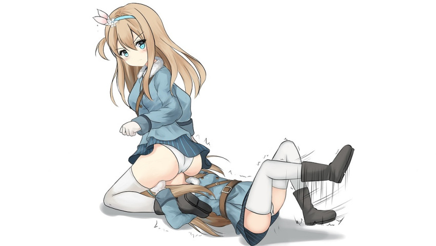 2girls artist_request ass ass_grab catfight cunnilingus cunnilingus_through_clothes face_in_ass girl_on_top girls_frontline highleg highleg_panties kuwamori long_hair looking_at_viewer looking_back lying multiple_girls on_back open_mouth oral panties sitting sitting_on_face sitting_on_person skirt spread_legs suomi_kp31_(girls_frontline) sweat thighhighs tongue underwear wide_hips yuri