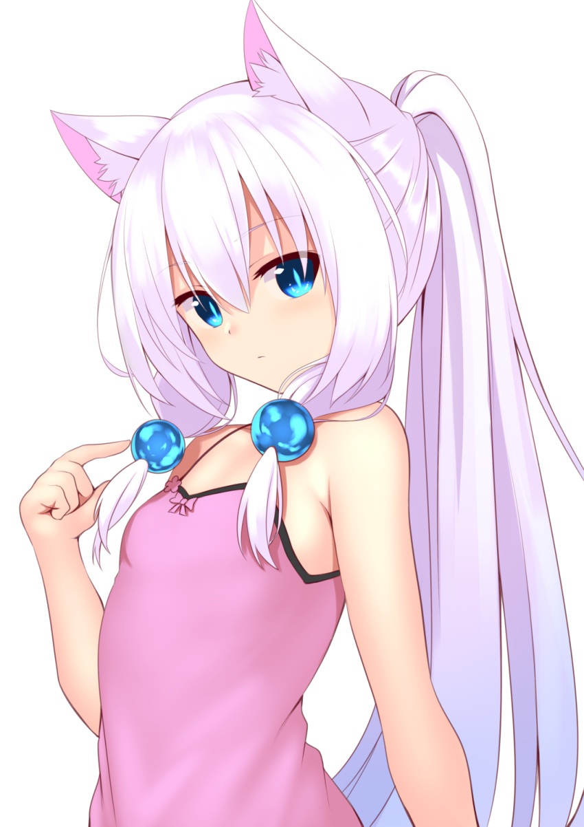 animal_ear_fluff animal_ears arm_at_side armpit_crease bangs bare_arms bare_shoulders blue_eyes breasts camisole closed_mouth expressionless hair_between_eyes hair_ornament hand_up highres long_hair looking_at_viewer mahcdai original pink_shirt ponytail shirt sidelocks simple_background slit_pupils small_breasts solo upper_body very_long_hair white_background white_hair