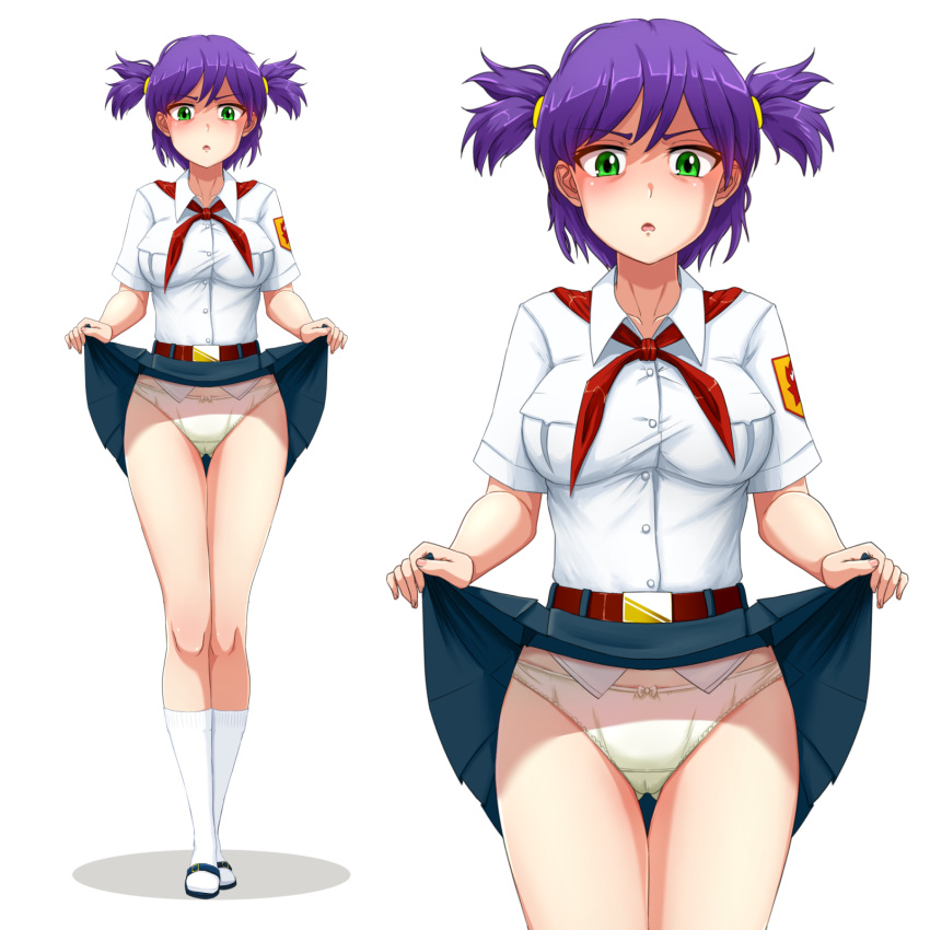 ass_visible_through_thighs belt blue_skirt bow bow_panties breasts cameltoe collarbone collared_shirt commentary commentary_typo disgust dress_shirt everlasting_summer eyebrows_visible_through_hair glaring green_eyes highres huyase iya_na_kao_sare_nagara_kozukuri_sasete_moraitai kneehighs lifted_by_self looking_at_viewer medium_breasts multiple_views open_mouth panties purple_hair red_neckwear shirt short_hair short_sleeves short_twintails simple_background skirt skirt_lift socks thigh_gap twintails underwear unyl-chan white_background white_legwear white_panties white_shirt