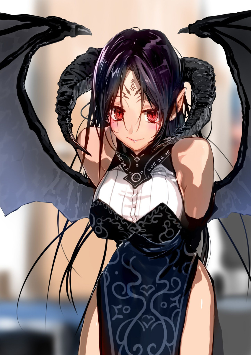 arms_behind_back bangs bare_shoulders black_hair black_wings blurry blurry_background blush bob_(biyonbiyon) breasts cleavage commentary demon_girl demon_horns demon_tail demon_wings dress facial_mark gloves highres horns large_breasts leaning_forward long_hair looking_at_viewer original parted_bangs parted_lips pelvic_curtain red_eyes side_slit sidelocks sleeveless sleeveless_dress smile solo tail very_long_hair wings