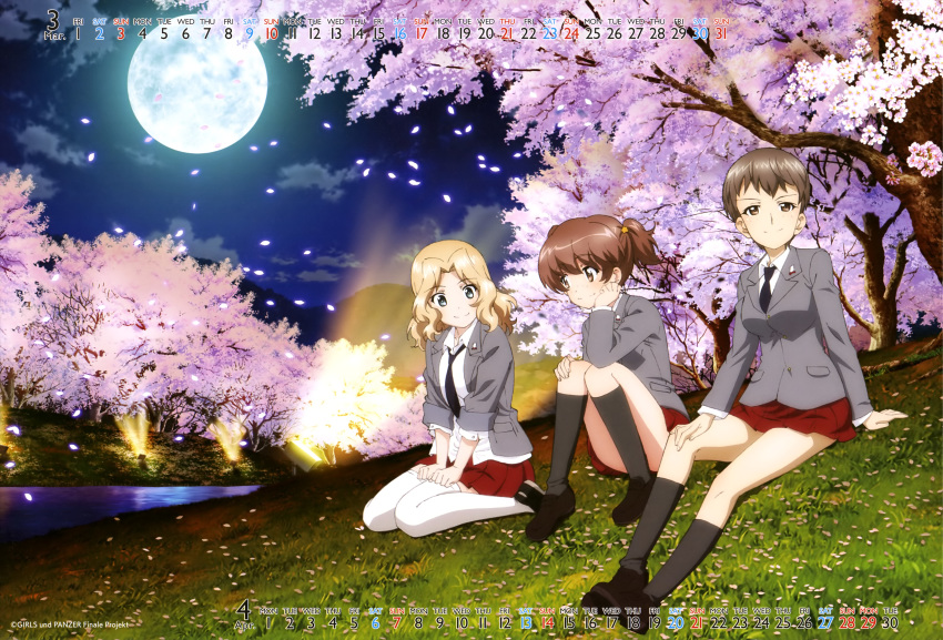 absurdres alisa_(girls_und_panzer) arm_support bangs black_footwear black_neckwear blazer blonde_hair blouse blue_eyes blue_footwear brown_eyes brown_hair buttons calendar_(medium) cherry_blossoms closed_mouth cloud cloudy_sky collared_blouse copyright_name dress_shirt elbow_on_knee elbow_rest emblem floodlights freckles full_moon girls_und_panzer grass grey_jacket grey_legwear hair_intakes hair_ornament hairclip hanami hand_on_own_face hand_on_own_knee hands_on_lap hands_on_thighs highres jacket kay_(girls_und_panzer) kneehighs knees_up loafers long_hair long_sleeves looking_at_another looking_at_viewer miniskirt moon mountain multiple_girls naomi_(girls_und_panzer) necktie night night_sky official_art open_clothes open_jacket outdoors pleated_skirt red_skirt river saunders_(emblem) saunders_school_uniform school_uniform shirt shoes short_hair short_twintails sitting skirt sky sleeves_rolled_up smile sneakers socks star star_hair_ornament thighhighs tree tree_branch twintails untucked_shirt v_arms very_short_hair wariza white_blouse white_legwear white_shirt