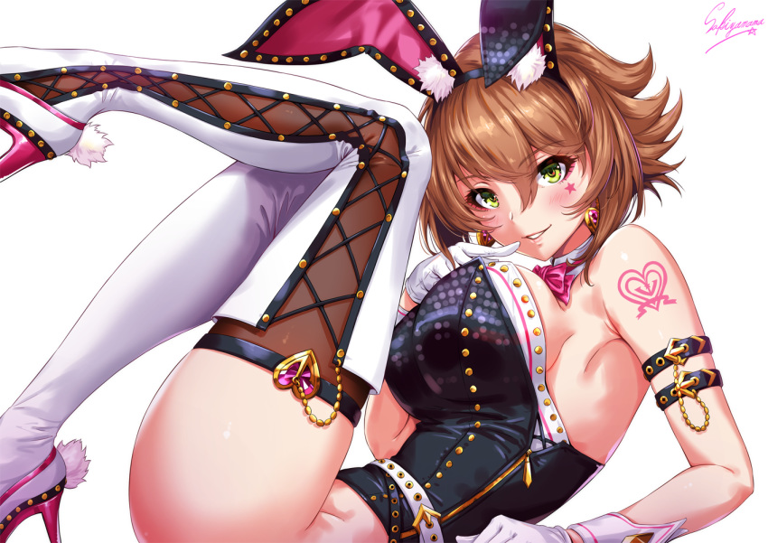 anchor animal_ears armband artist_name black_leotard blush bodypaint boots breasts brown_hair bunny_ears commentary_request detached_collar fake_animal_ears finger_to_mouth from_side gloves green_eyes grin hair_between_eyes heart high_heels kantai_collection large_breasts leg_up leotard lips looking_at_viewer lying mutsu_(kantai_collection) on_back sakiyamama short_hair simple_background smile solo thigh_boots thighhighs white_background white_gloves white_legwear