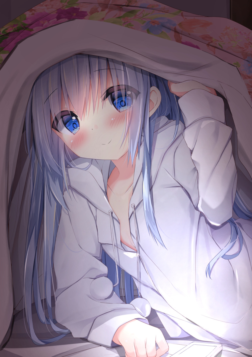 bed_sheet blue_eyes blue_hair blush breasts cellphone closed_mouth collarbone commentary_request gochuumon_wa_usagi_desu_ka? head_tilt highres hood hood_down hooded_jacket indoors jacket kafuu_chino kouda_suzu long_hair long_sleeves looking_at_viewer phone pom_pom_(clothes) screen_light small_breasts smile solo under_covers very_long_hair white_jacket