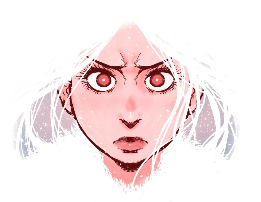 akairiot blending commentary eyelashes face frown hjarn_(akairiot) long_hair looking_at_viewer original portrait red_eyes serious snow solo white_hair