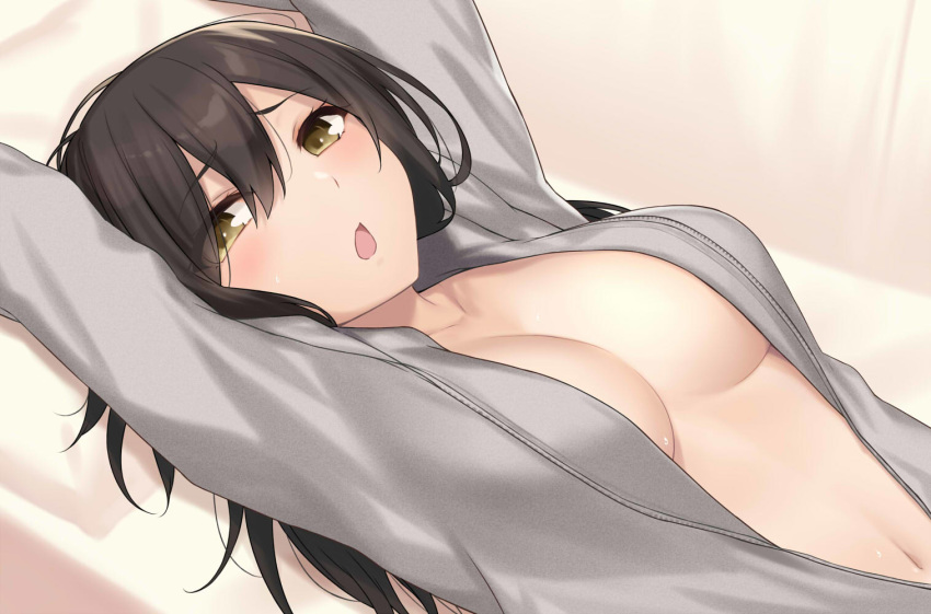 arms_up bangs blush breasts brown_eyes brown_hair cccpo collarbone dutch_angle eyebrows_visible_through_hair grey_jacket hair_between_eyes hood hood_down hooded_jacket jacket long_hair lying medium_breasts naked_coat navel on_back open_clothes open_jacket open_mouth original pillow solo upper_body