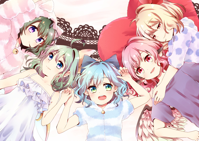 ahoge animal_hood bare_arms bare_shoulders bell bird_wings blonde_hair blue_bow blue_eyes blue_hair bow cat_hood cirno closed_mouth commentary_request daiyousei feathered_wings frills green_eyes green_hair hair_between_eyes hair_bow half-closed_eyes heart heart_pillow holding_hands hood hug interlocked_fingers jingle_bell kuromame_(8gou) long_hair looking_at_viewer lying multiple_girls mystia_lorelei on_back open_mouth pajamas pillow pink_eyes pink_hair polka_dot purple_eyes red_bow red_eyes rumia shirt smile striped t-shirt team_9 touhou upper_body upper_teeth wings wriggle_nightbug yellow_bow