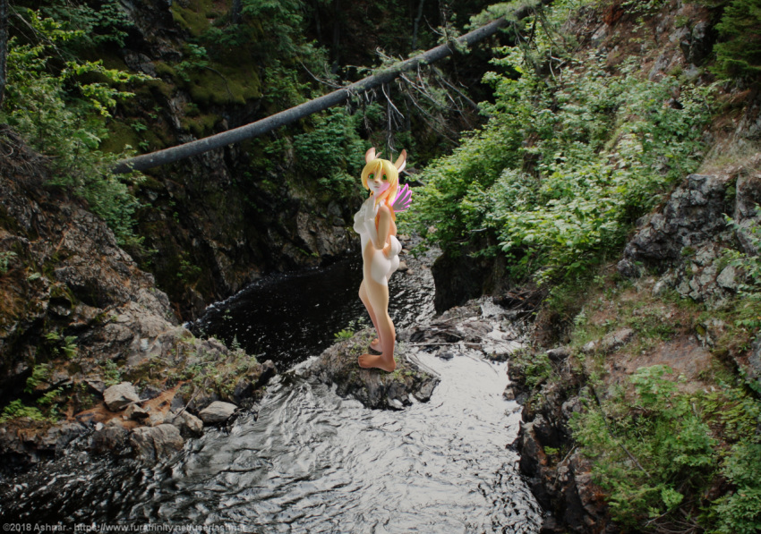 3d_(artwork) anthro ashnar blonde_hair breasts digital_media_(artwork) feathered_wings feathers female hair horn lagomorph looking_at_viewer mammal nipples nude outside phina_(ashnar) solo standing water wings wolpertinger