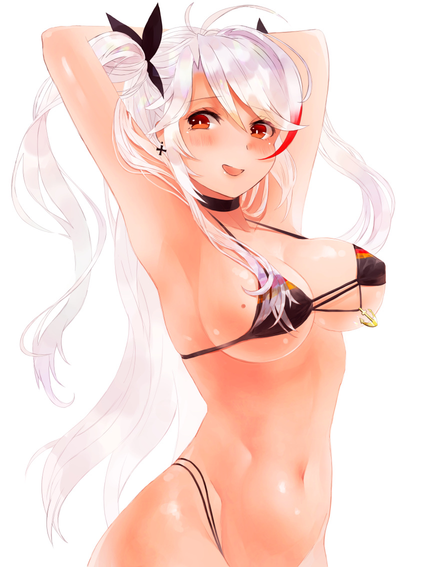 absurdres alternate_costume anchor_symbol antenna_hair armpits arms_behind_head arms_up azur_lane bangs bikini black_bikini blush breasts brown_eyes choker collarbone commentary_request cross cross_earrings earrings eyebrows_visible_through_hair groin hair_between_eyes heart highleg highleg_bikini highres jewelry large_breasts long_hair looking_at_viewer mole mole_on_breast multicolored_hair navel open_mouth prinz_eugen_(azur_lane) red_hair ribbon sidelocks silver_hair simple_background skindentation smile solo stomach streaked_hair swimsuit two_side_up upper_body usagi_(3828164) very_long_hair