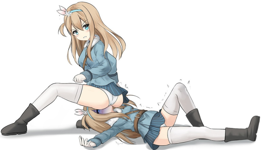 2girls artist_request ass ass_grab catfight cunnilingus cunnilingus_through_clothes defeated face_in_ass girl_on_top girls_frontline highleg highleg_panties kuwamori long_hair looking_at_viewer looking_back lying multiple_girls on_back open_mouth oral panties sitting sitting_on_face sitting_on_person skirt smile spread_legs suomi_kp31_(girls_frontline) sweat thighhighs tongue trembling unconscious underwear wide_hips yuri