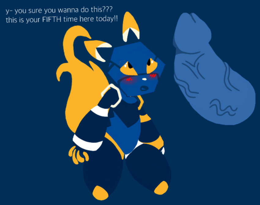 2018 ambiguous_gender android anthro blue_penis blush canine digital_drawing_(artwork) digital_media_(artwork) disembodied_penis duo e621 erection esix machine male mammal mascot mexifurfoof penis robot solo_focus text vein veiny_penis yellow_eyes