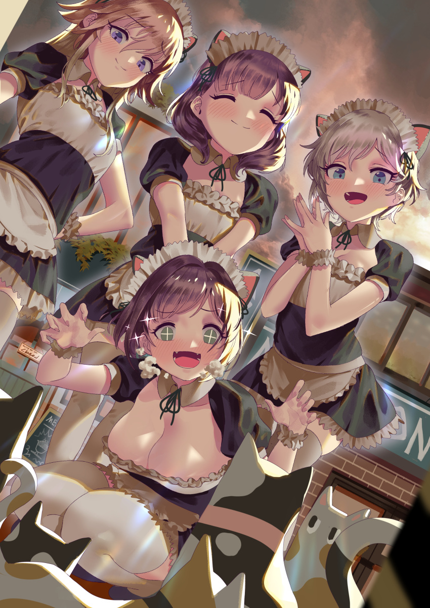 4girls :d ^_^ absurdres alternate_costume anastasia_(idolmaster) animal_ears apron bangs blue_eyes blush bob_cut breasts breath brown_hair bsue cafe cat cat_ears claw_pose cleavage closed_eyes commentary detached_collar enmaided eyebrows_visible_through_hair fake_animal_ears fangs flat_chest green_eyes grey_hair hair_extensions hair_over_shoulder hand_on_hip hands_together highres idolmaster idolmaster_cinderella_girls idolmaster_cinderella_girls_starlight_stage large_breasts looking_down lower_teeth maekawa_miku maid maid_headdress medium_breasts miniskirt multiple_girls ninomiya_asuka nose_blush open_mouth outdoors puffy_sleeves purple_eyes sakuma_mayu seiza shop short_sleeves sitting skirt small_breasts smile sparkling_eyes thighhighs twilight white_legwear wing_collar wrist_cuffs