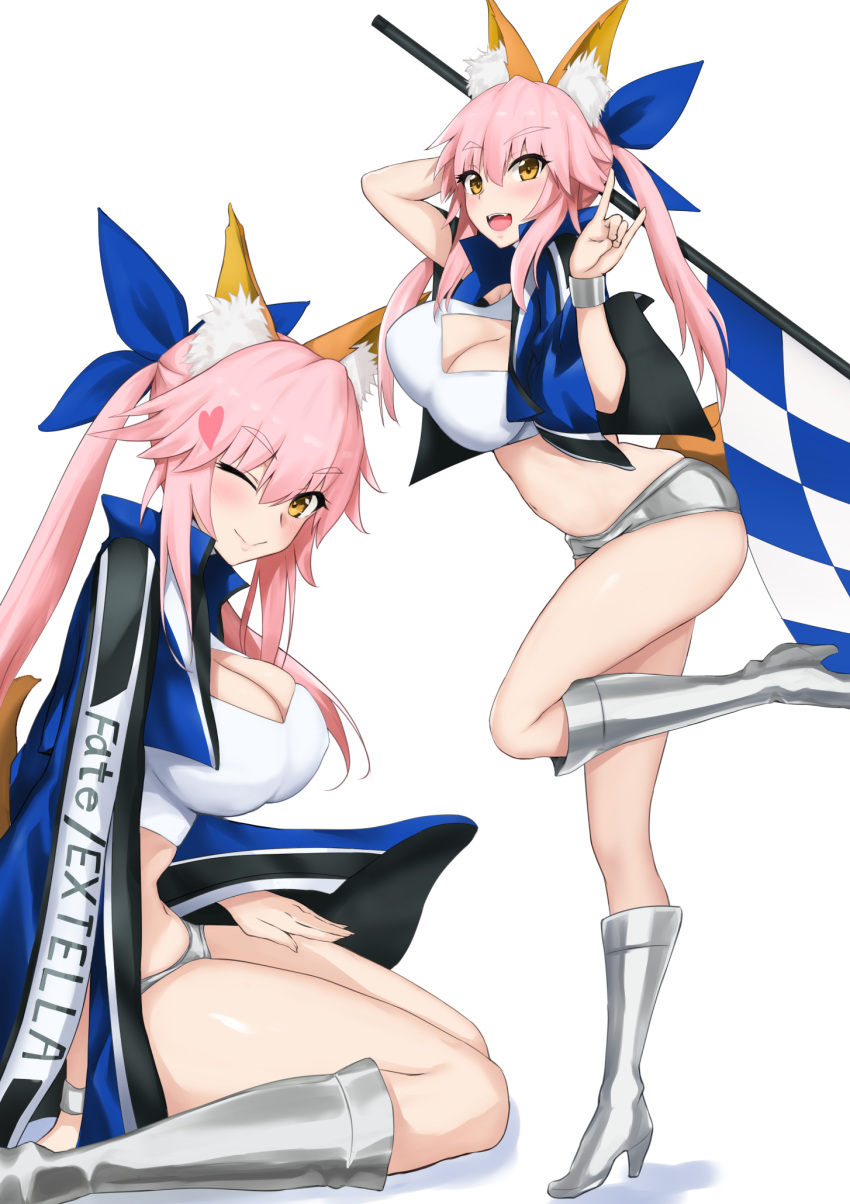 akatsuki_ikki animal_ear_fluff arm_up bangs black_jacket blue_bow blue_jacket blush boots bow breasts checkered cleavage cleavage_cutout closed_mouth clothes_writing commentary_request copyright_name crop_top eyebrows_visible_through_hair fangs fate/extella fate/extra fate_(series) flag fox_girl fox_shadow_puppet fox_tail full_body grey_footwear grey_shorts hair_between_eyes hair_bow highres jacket knee_boots large_breasts legs long_hair looking_at_viewer multiple_views navel one_eye_closed open_clothes open_jacket open_mouth pink_hair race_queen short_shorts shorts sidelocks simple_background sitting smile tail tamamo_(fate)_(all) tamamo_no_mae_(fate) thighs twintails wariza white_background wrist_cuffs yellow_eyes