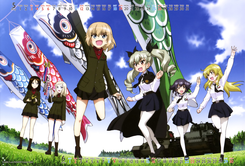 :d absurdres anchovy anzio_(emblem) anzio_school_uniform arm_up bangs belt black_belt black_cape black_footwear black_hair black_legwear black_neckwear black_ribbon black_skirt blonde_hair blue_eyes blue_sky brown_hair buttons calendar_(medium) cape carp carpaccio carro_armato_p40 clara_(girls_und_panzer) clenched_hands closed_mouth cloud cloudy_sky copyright_name day dress_shirt drill_hair emblem eyebrows_visible_through_hair fang field forest girls_und_panzer grass green_eyes green_hair green_jacket grey_eyes ground_vehicle hair_ribbon highres holding jacket katyusha kite kite_flying koinobori leg_up loafers long_hair long_sleeves looking_at_another looking_at_viewer looking_back military military_vehicle miniskirt motor_vehicle multiple_girls nature necktie nonna official_art open_mouth outdoors pantyhose parted_bangs pepperoni pepperoni_(girls_und_panzer) pleated_skirt pravda_school_uniform red_eyes red_shirt ribbon running school_uniform shirt shoes short_hair skirt sky smile socks standing standing_on_one_leg swept_bangs t-34 tank tree turtleneck twin_drills twintails uniform v-shaped_eyebrows w_arms waving white_legwear white_shirt
