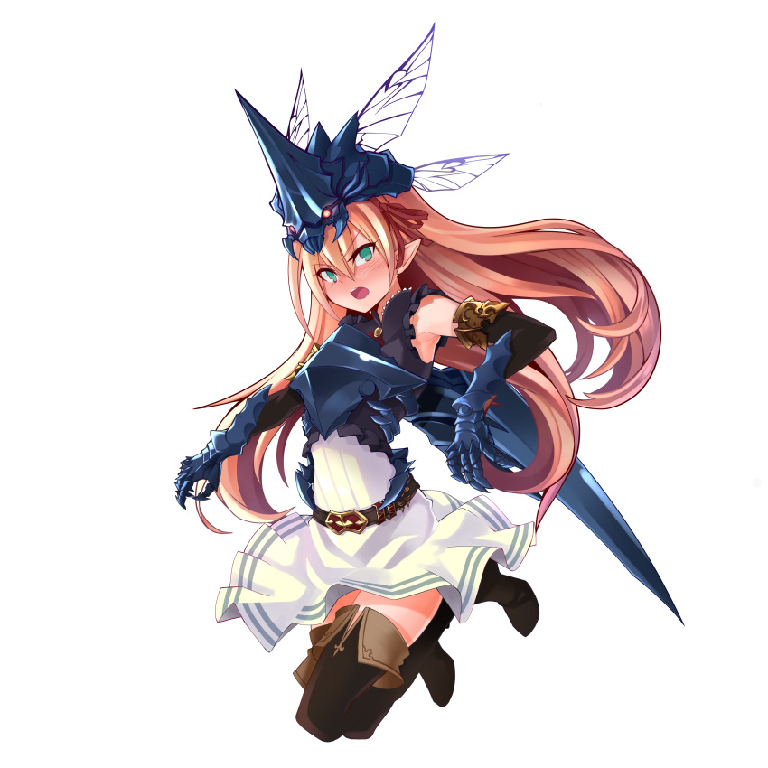 absurdres arisa_(shadowverse) blackxxx blonde_hair boots breastplate commentary_request eyebrows_visible_through_hair gauntlets green_eyes highres long_hair looking_at_viewer pointy_ears rhinoceroach shadowverse skirt thigh_boots thighhighs