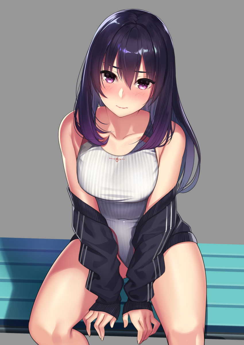 bangs bare_shoulders bench black_jacket blush breasts closed_mouth collarbone commentary_request competition_swimsuit covered_navel grey_background hair_between_eyes highres jacket kagematsuri large_breasts long_hair looking_at_viewer off_shoulder one-piece_swimsuit open_clothes open_jacket original purple_eyes purple_hair simple_background sitting solo swimsuit thighs white_swimsuit
