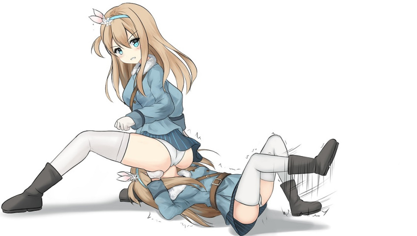 2girls artist_request ass ass_grab catfight cunnilingus cunnilingus_through_clothes defeated face_in_ass girl_on_top girls_frontline highleg highleg_panties kuwamori long_hair looking_at_viewer looking_back lying multiple_girls on_back open_mouth oral panties sitting sitting_on_face sitting_on_person skirt smile spread_legs suomi_kp31_(girls_frontline) sweat thighhighs tongue trembling unconscious underwear wide_hips yuri