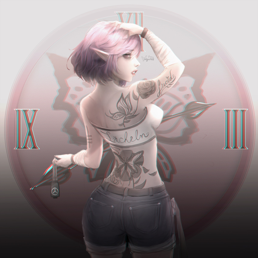 ass bug butterfly clock commentary denim denim_shorts elf highres insect leyu lucid maplestory pink_hair pointy_ears shorts tattoo