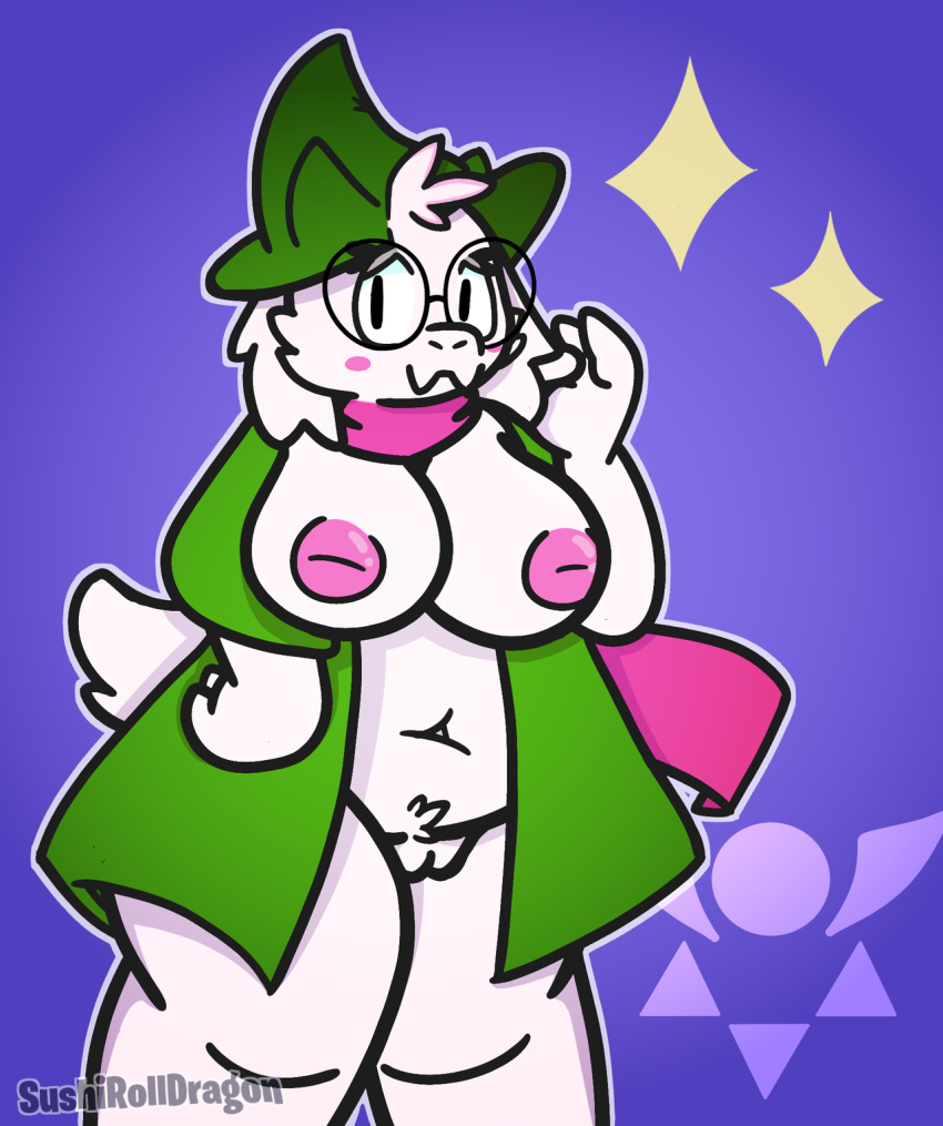 2018 anthro big_breasts blush breasts caprine clothing crossgender deltarune digital_media_(artwork) eyewear female fur glasses goat hat mammal nipples pussy ralsei robe simple_background smile solo sushirolldragon thick_thighs video_games voluptuous white_fur