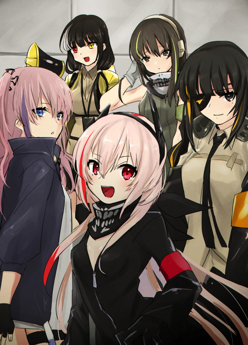 absurdres anti-rain_(girls_frontline) artist_request bandana commentary_request eyepatch fingerless_gloves girls_frontline gloves headphones heterochromia highres jacket m16a1_(girls_frontline) m4_sopmod_ii_(girls_frontline) m4a1_(girls_frontline) megaphone multiple_girls ro635_(girls_frontline) sleeveless st_ar-15_(girls_frontline) wall