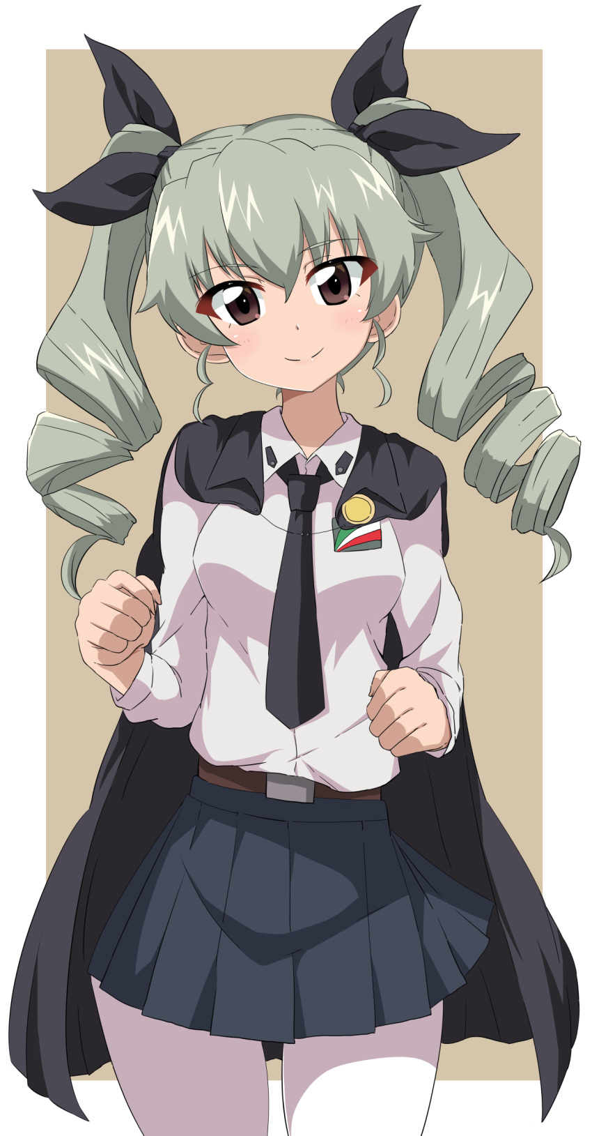 anchovy anzio_school_uniform bangs belt black_belt black_cape black_neckwear black_ribbon black_skirt brown_background cape clenched_hands closed_mouth commentary_request cowboy_shot dress_shirt drill_hair emblem eyebrows_visible_through_hair girls_und_panzer green_hair hair_ribbon head_tilt highres long_hair long_sleeves looking_at_viewer miniskirt necktie outside_border pantyhose pleated_skirt red_eyes ribbon school_uniform shirt skirt smile solo standing tarokichi twin_drills twintails white_legwear white_shirt