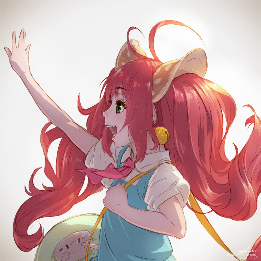 ahoge animal_ears artist_name bell blush character_request commentary_request copyright_request eyebrows_visible_through_hair green_eyes highres long_hair open_mouth pink_hair smile solo takami_masahiro teeth twintails twitter_username upper_body