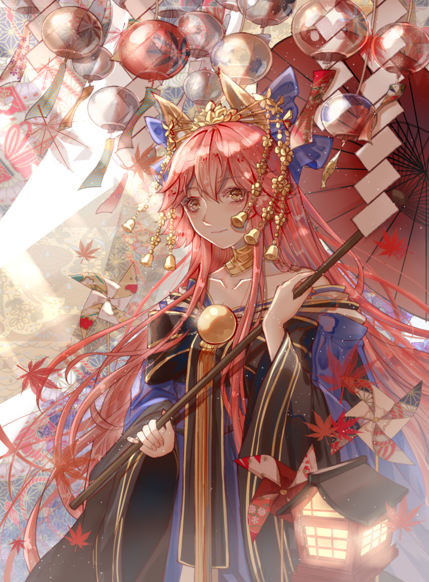 absurdres animal_ear_fluff animal_ears autumn_leaves bell blue_ribbon breasts cleavage collarbone crown fate/grand_order fate_(series) fox_ears fox_girl hair_ribbon highres japanese_clothes jingle_bell large_breasts leaf long_hair looking_at_viewer pink_hair ribbon solo tamamo_(fate)_(all) tamamo_no_mae_(fate) teatix very_long_hair yellow_eyes