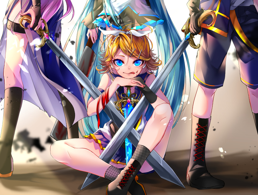 3girls absurdres aqua_hair bangs blonde_hair blood blue_eyes boots bridal_gauntlets cleaver commentary_request cross-laced_footwear crossed_swords cuts hair_ornament hairclip hatsune_miku head_out_of_frame highres injury kagamine_len kagamine_rin knee_boots lace-up_boots licking_lips long_hair looking_at_viewer megurine_luka multiple_girls pink_hair reverse_grip shirayuki_towa short_hair short_sword solo_focus song_request swept_bangs sword tongue tongue_out very_long_hair vocaloid weapon