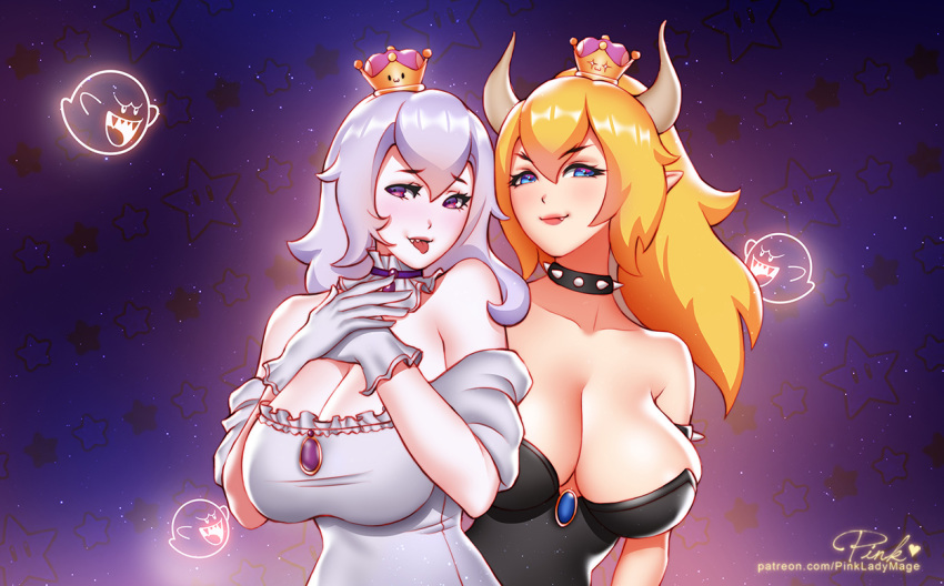 :3 :p artist_name bare_shoulders black_dress blonde_hair blue_eyes boo bowsette breasts brooch collar collarbone crown dress eyebrows_visible_through_hair fang fang_out gloves hands_on_own_chest horns jewelry large_breasts long_hair looking_at_viewer luigi's_mansion mario_(series) multiple_girls new_super_mario_bros._u_deluxe patreon_username pink_lady_mage pointy_ears ponytail princess_king_boo purple_eyes sharp_teeth signature silver_hair smile spiked_armlet spiked_collar spikes star starry_background strapless strapless_dress super_crown teeth tongue tongue_out upper_body watermark web_address white_dress white_gloves