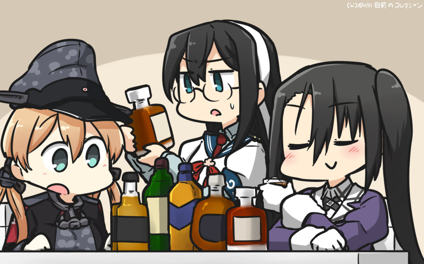 alcohol black_hair blonde_hair blue_eyes blue_sailor_collar blue_shirt blush bottle check_commentary closed_eyes commentary_request dated glasses gloves hair_between_eyes hamu_koutarou hat highres holding holding_bottle jacket juliet_sleeves kantai_collection long_hair long_sleeves low_twintails military military_hat military_uniform multiple_girls nachi_(kantai_collection) necktie ooyodo_(kantai_collection) open_mouth partial_commentary peaked_cap prinz_eugen_(kantai_collection) puffy_sleeves purple_jacket red_neckwear sailor_collar school_uniform serafuku shirt side_ponytail smile twintails uniform white_gloves