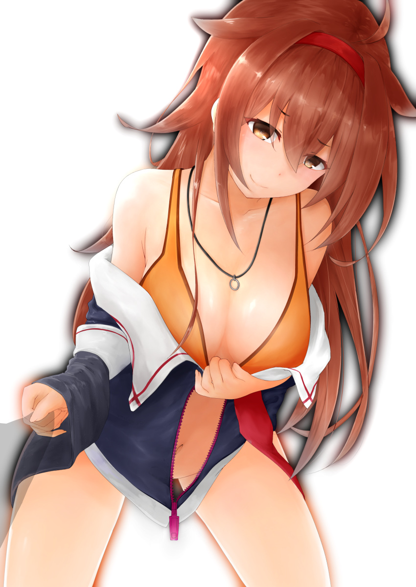 absurdres ahoge bikini black_jacket blush breasts brown_eyes cleavage closed_mouth collarbone hair_flaps highres jacket jewelry kantai_collection large_breasts leaning_forward long_hair looking_at_viewer open_clothes open_jacket red_hair red_headband remodel_(kantai_collection) ring ring_necklace shiratsuyu_(kantai_collection) simple_background smile solo swimsuit terebi- wedding_band white_background yellow_bikini zipper
