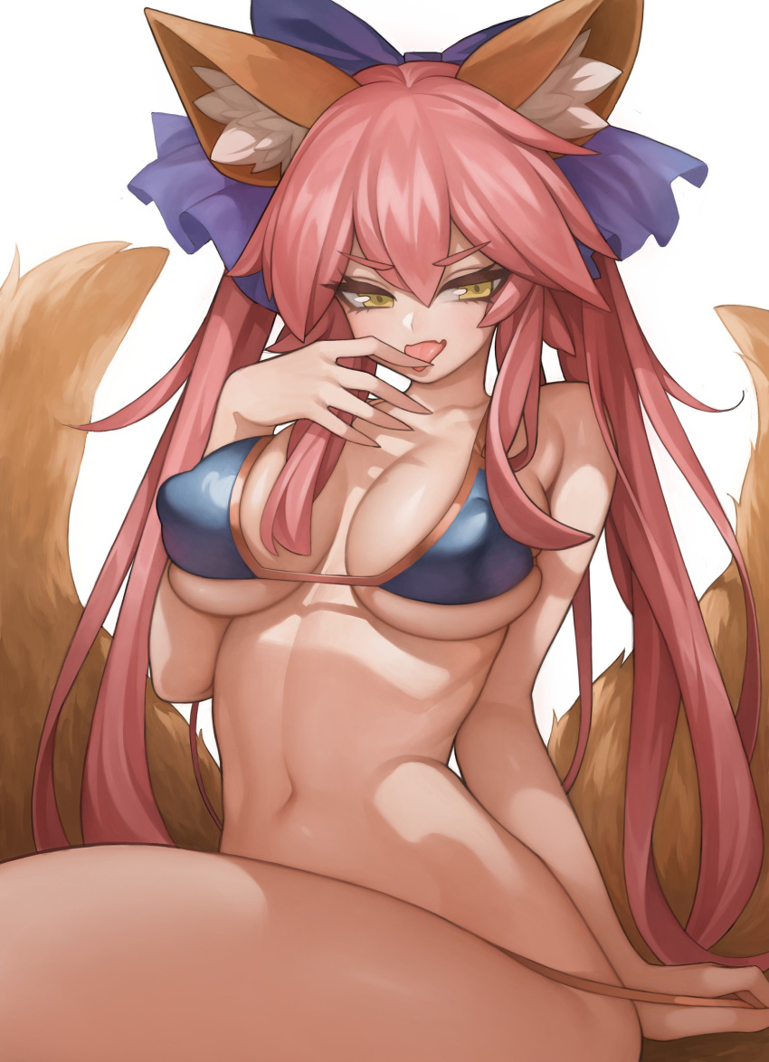 absurdres animal_ear_fluff animal_ears bikini blue_bikini bow breasts come_hither covered_nipples eyebrows_visible_through_hair fang fate/extra fate/grand_order fate_(series) finger_licking fox_ears fox_tail hair_between_eyes hair_bow highres large_breasts licking looking_at_viewer navel pink_hair rabbit_(wlsdnjs950) side-tie_bikini sitting skindentation swimsuit tail tamamo_(fate)_(all) tamamo_no_mae_(fate) tamamo_no_mae_(swimsuit_lancer)_(fate) tongue underboob untied untied_bikini untying white_background yellow_eyes