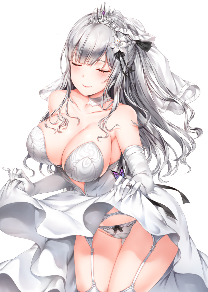 absurdres ak-12_(girls_frontline) amethyst bangs bare_shoulders black_ribbon blush braid breasts bridal_veil bride cleavage closed_eyes closed_mouth collarbone commentary_request cowboy_shot dress dress_lift elbow_gloves eyebrows_visible_through_hair flower french_braid garter_belt garter_straps girls_frontline gloves groin hair_flower hair_ornament hair_ribbon highres jewelry large_breasts lifted_by_self long_hair painteen panties ponytail ribbon ribbon-trimmed_panties ring sidelocks silver_hair simple_background skindentation smile solo strapless strapless_dress thighhighs thighs tiara underwear veil very_long_hair wedding_band wedding_dress white_background white_dress white_flower white_gloves white_panties