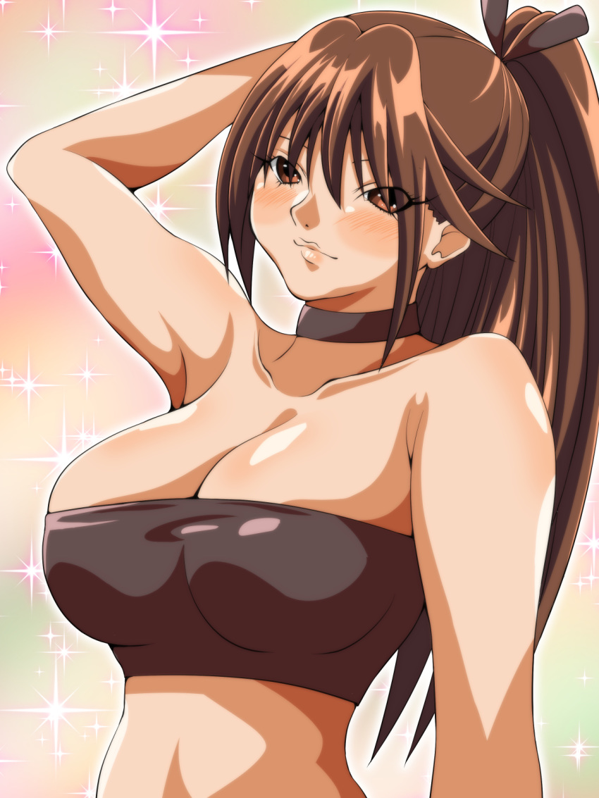 00s 1girl arm_up armpits bare_shoulders blush breasts brown_eyes brown_hair choker cleavage collar eyes_visible_through_hair hair_ribbon ichigo_100_percent inabakun00 kitaooji_satsuki large_breasts long_hair looking_at_viewer matching_hair/eyes ponytail ribbon smile solo sparkle sparkle_background standing strapless tied_hair tubetop upper_body