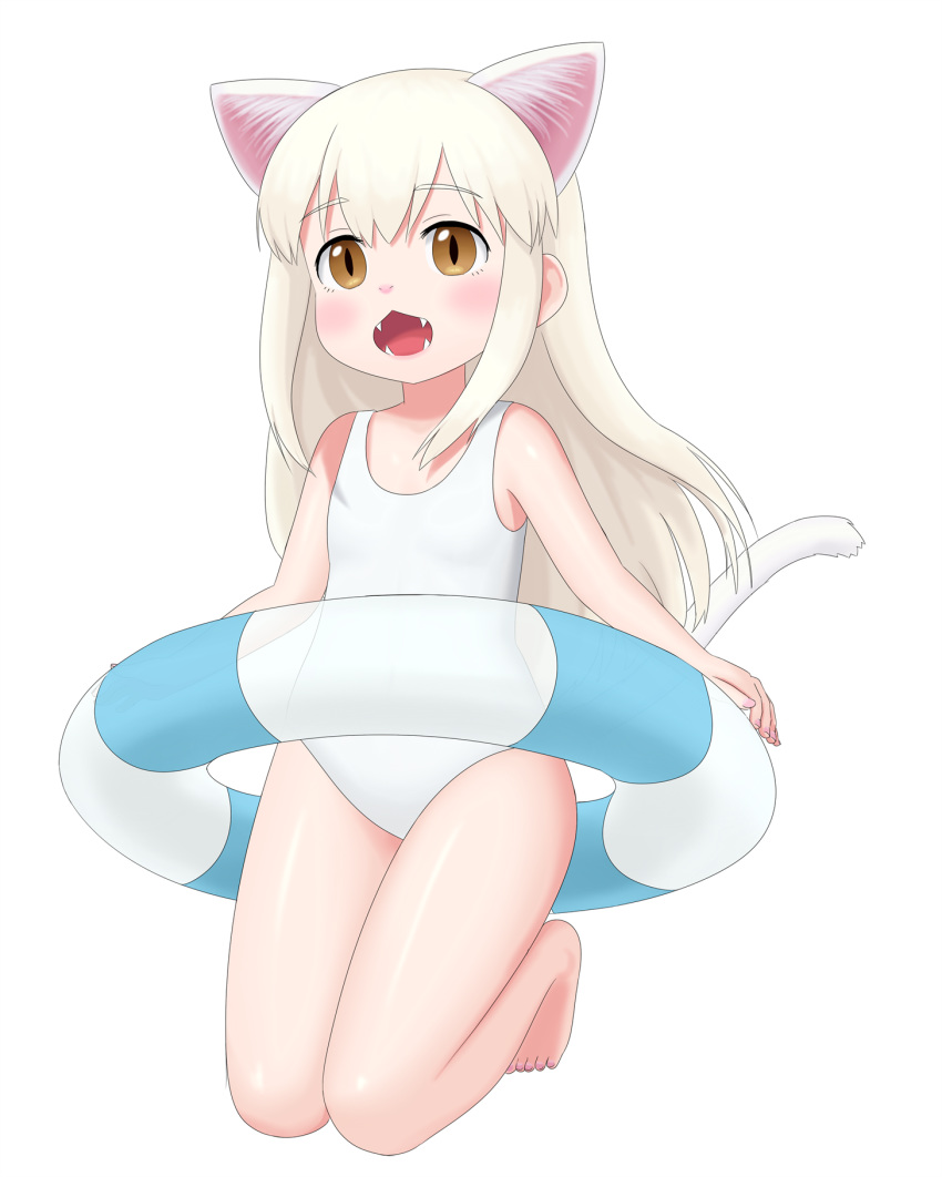 2018 amber_eyes animal_humanoid barefoot blonde_hair cat_humanoid child clothed clothing fangs feline female flat_chested hair humanoid inner_tube long_hair mammal mitokon_dorian one-piece_swimsuit open_mouth simple_background slit_pupils solo swimsuit white_background young
